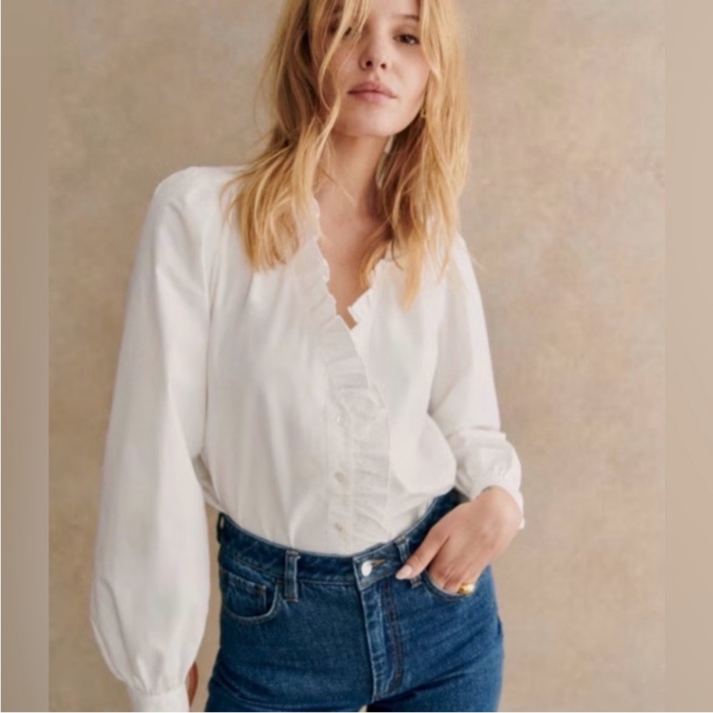 Sezane Ecru White Cotton Rosine Ruffleneck Button Down Shirt Size 4 BNWT
